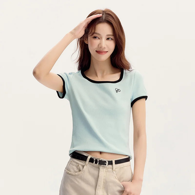 Semir Short Sleeve T-Shirt Women Short Style Small Shoulder Slightly Sexy 2024 Summer New Slim Fit Tight-Fitting Color-Block Top