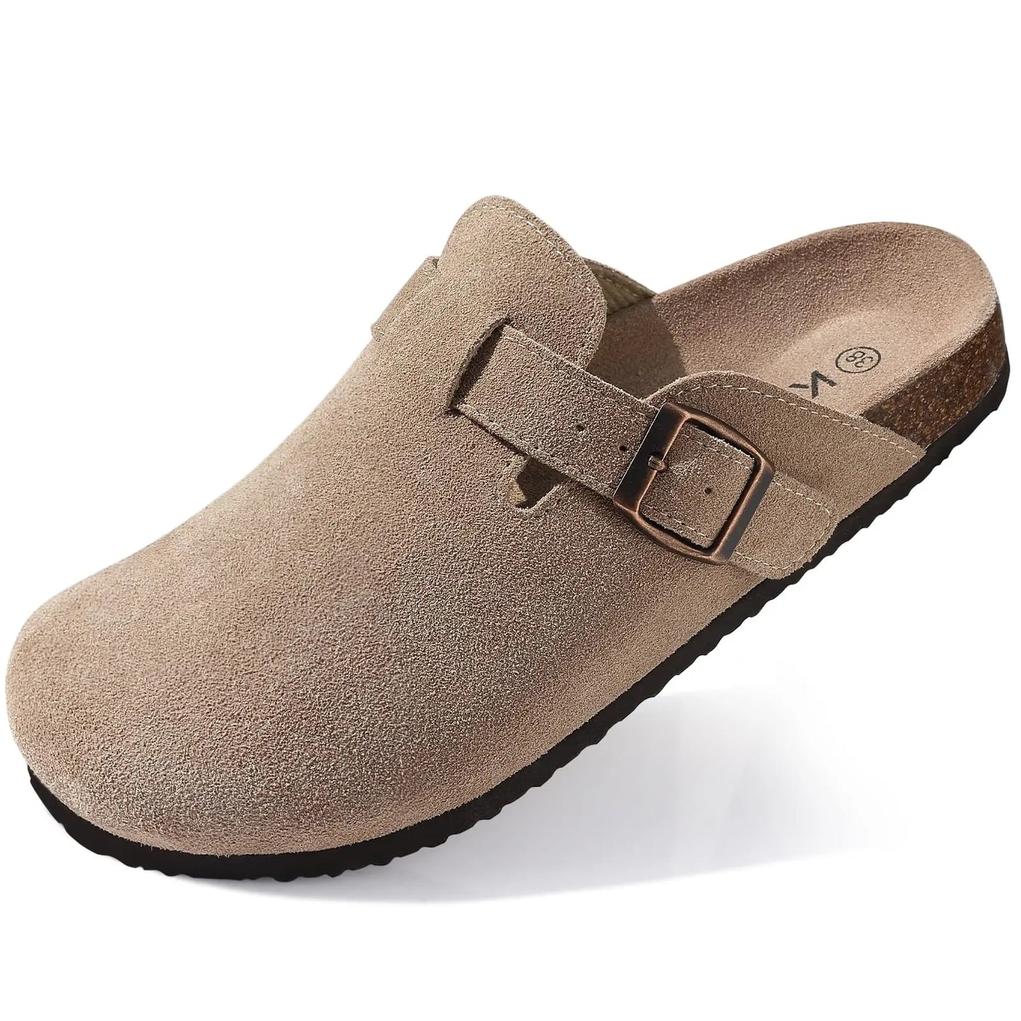 Comwarm Cork Footbed Clogs, Leather Mules with Arch Support, Comfortable Indoor/Outdoor Flat Slides for Women & Men.