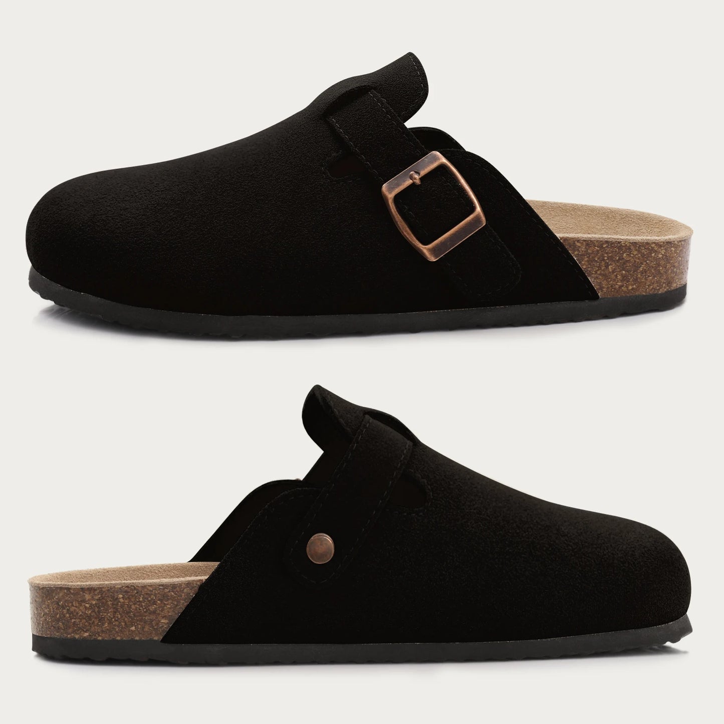Comwarm Cork Footbed Clogs, Leather Mules with Arch Support, Comfortable Indoor/Outdoor Flat Slides for Women & Men.
