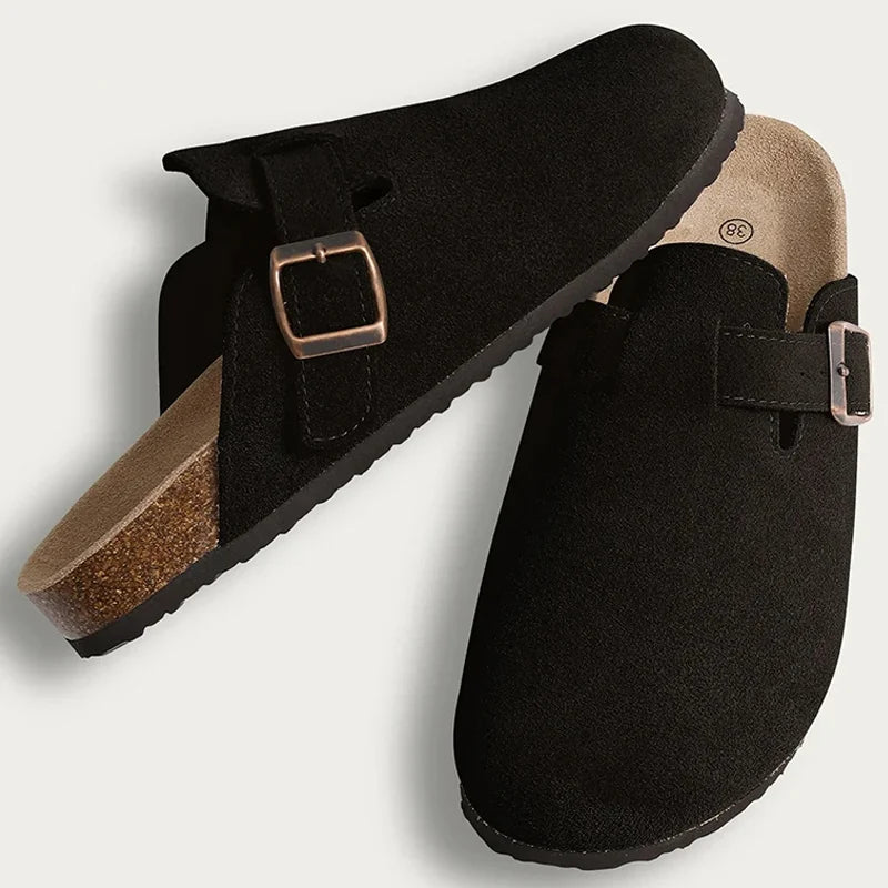 Comwarm Cork Footbed Clogs, Leather Mules with Arch Support, Comfortable Indoor/Outdoor Flat Slides for Women & Men.