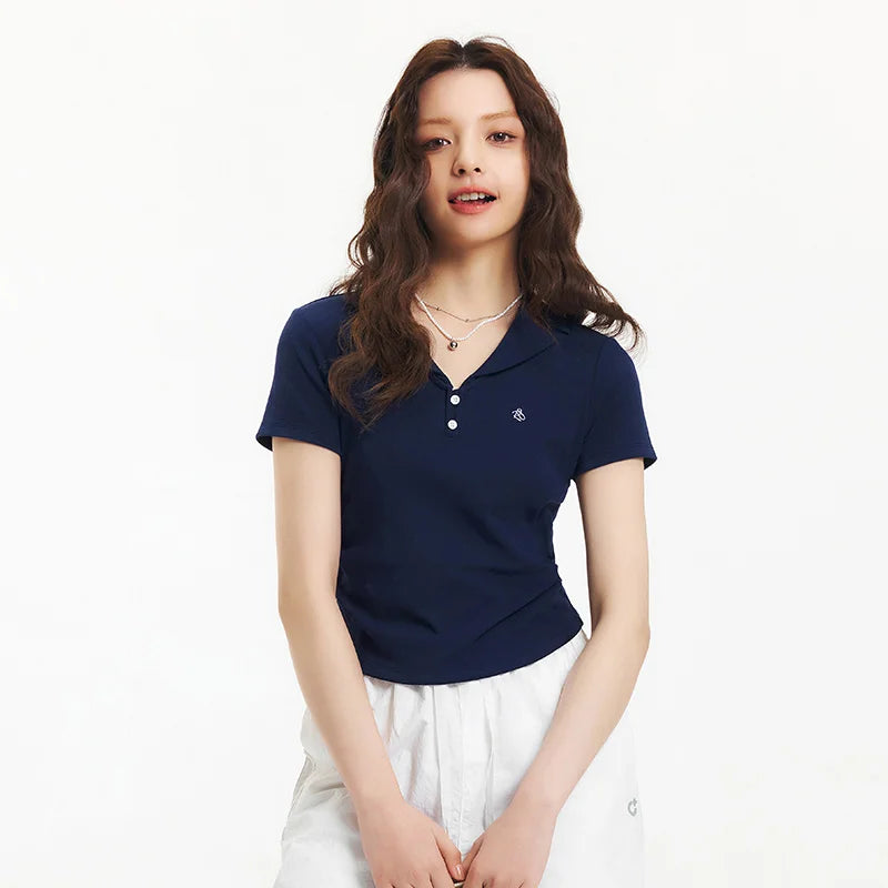 Semir Polo Shirt Women Cropped Blazer Collar 2025 New Summer Embroidered Cool Feeling Slim Fit Top Slimming for Chic Outfits