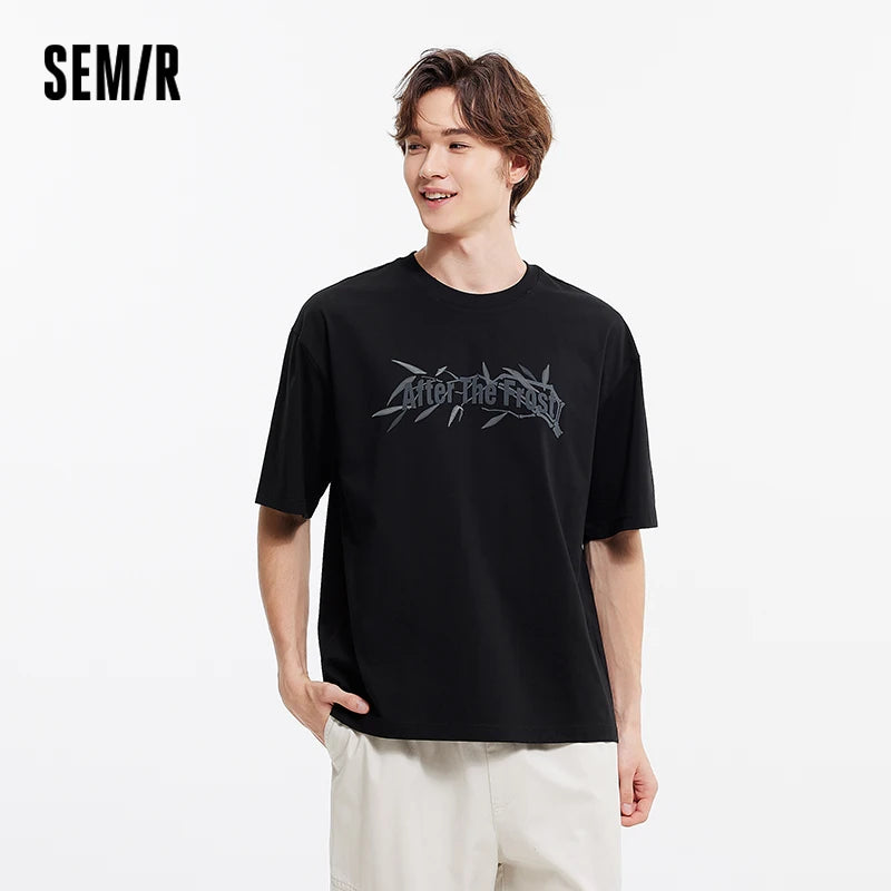 Semir Short Sleeve T-Shirt Men Bamboo Leaf Print Cool Feeling 2025 New Summer Loose Knit Base Layer Top for Trendy Outfits