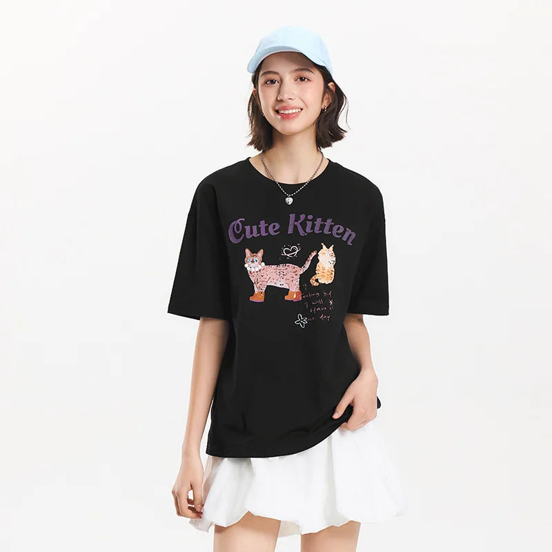 Semir Short Sleeve T-Shirt Women Mid-Length Pattern Cute Retro 2025 New Summer Moisture Wicking Loose Top Niche Style