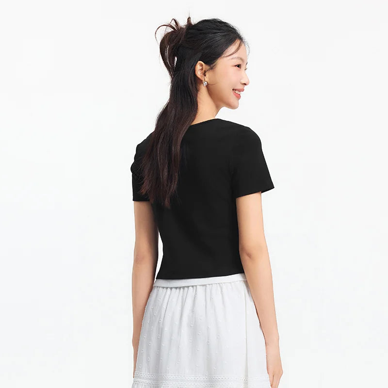 Semir Short Sleeve T-Shirt Women Cropped Fake Two-Piece Versatile 2025 New Summer Slim Fit U Neck Top Slimming for Chic Style