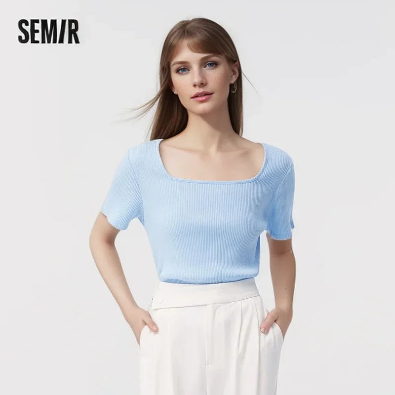 Semir Short-Sleeved T-Shirt Women 2024 Short Square Collar Summer New Tee shirts Tight Striped Shirt Temperament T-Shirt Women
