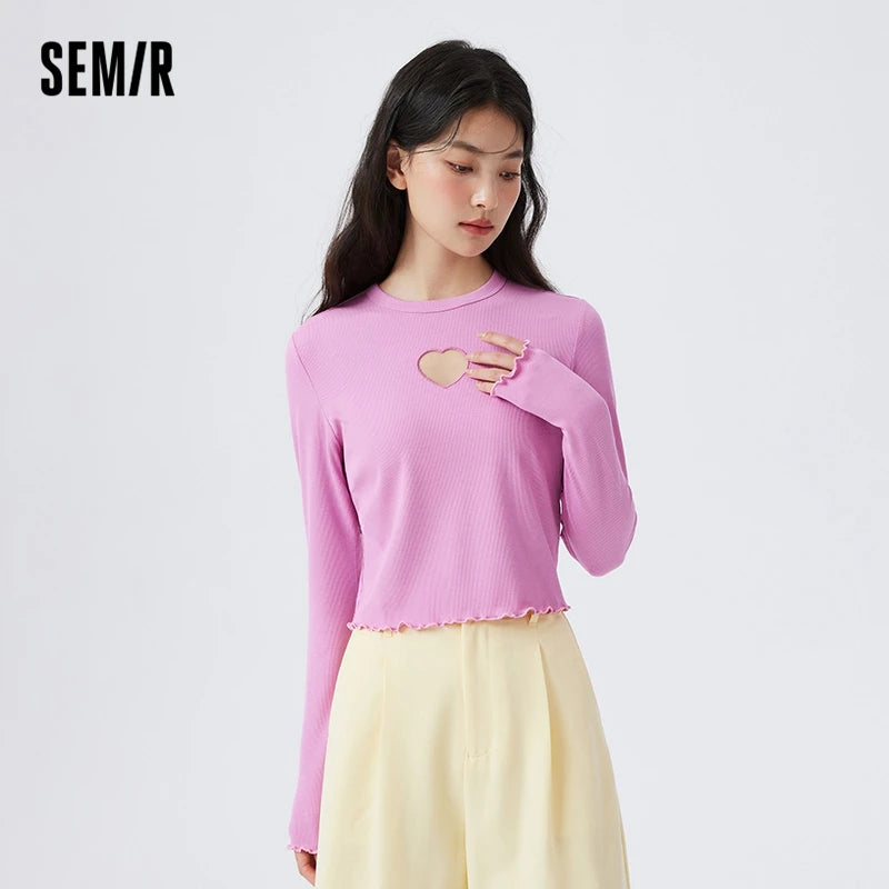 Semir T Shirt Women Knitting Bottom T Shirt Comfortable Underwear Home Pajamas Love Hollow-Out Long Sleeve Top