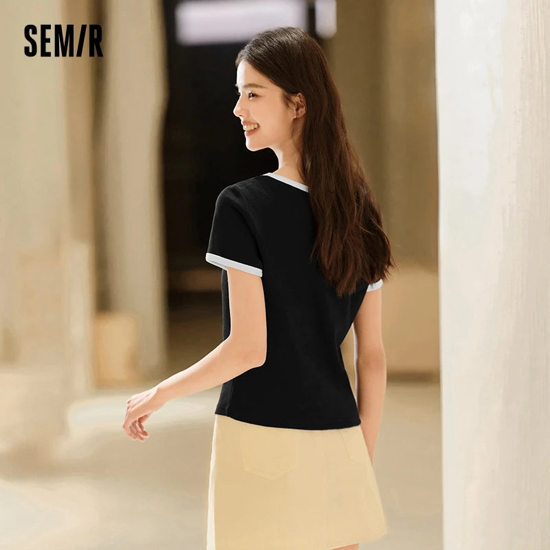 Semir Short Sleeve T-Shirt Women Short Style Small Shoulder Slightly Sexy 2024 Summer New Slim Fit Tight-Fitting Color-Block Top