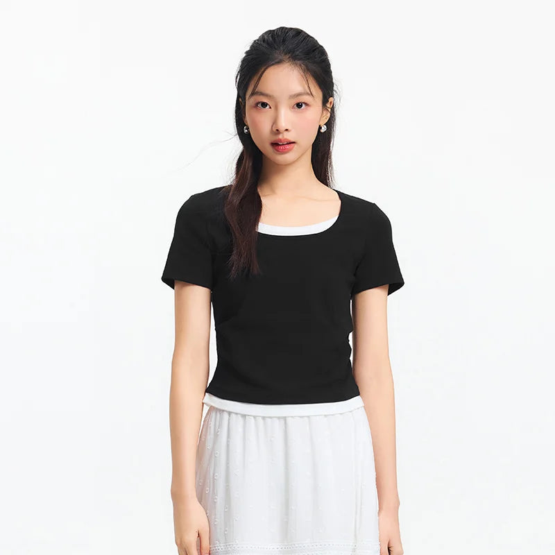 Semir Short Sleeve T-Shirt Women Cropped Fake Two-Piece Versatile 2025 New Summer Slim Fit U Neck Top Slimming for Chic Style