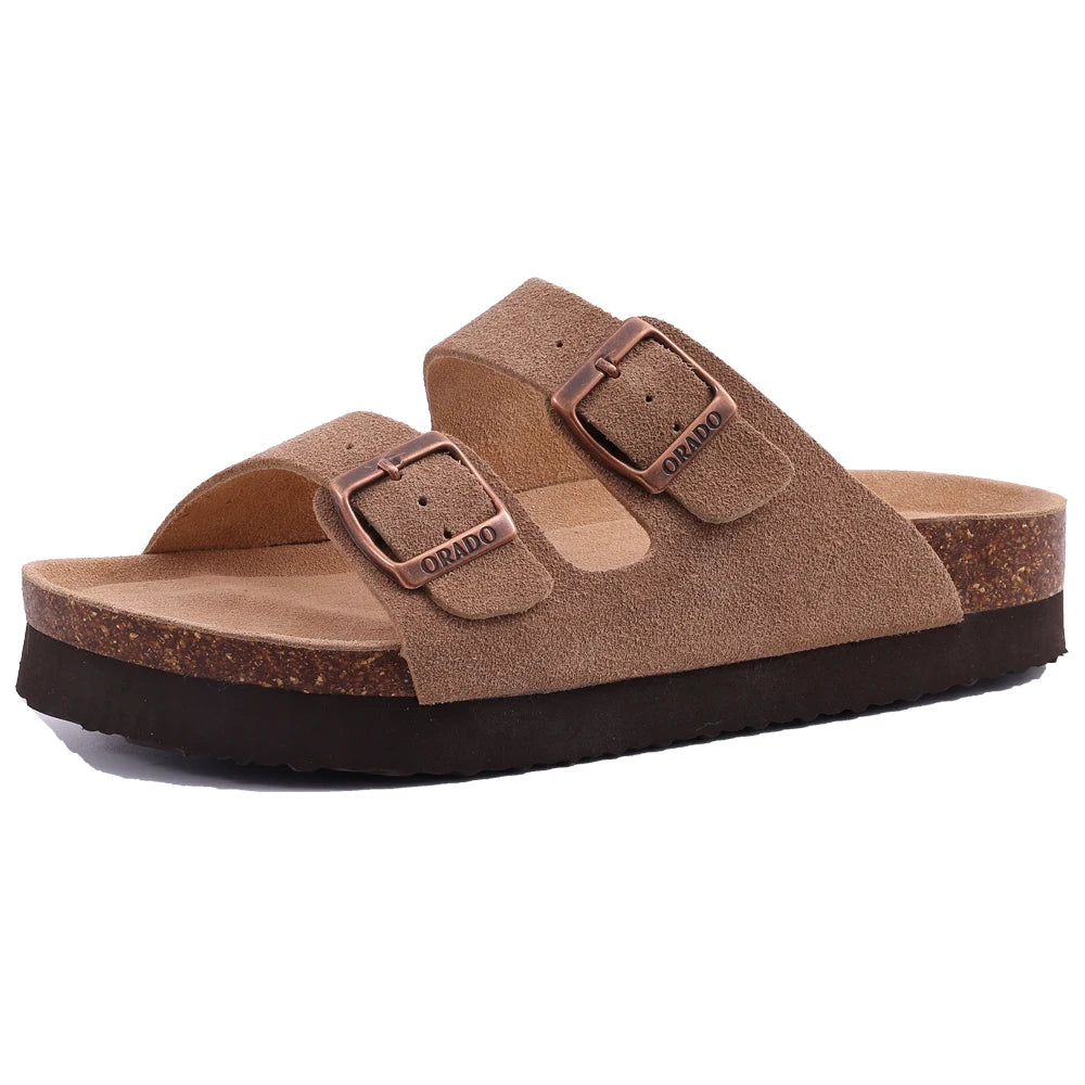 Comwarm Cork Footbed Clogs, Leather Mules with Arch Support, Comfortable Indoor/Outdoor Flat Slides for Women & Men.
