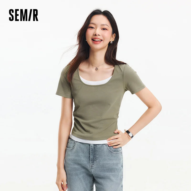 Semir Short Sleeve T-Shirt Women Cropped Fake Two-Piece Versatile 2025 New Summer Slim Fit U Neck Top Slimming for Chic Style