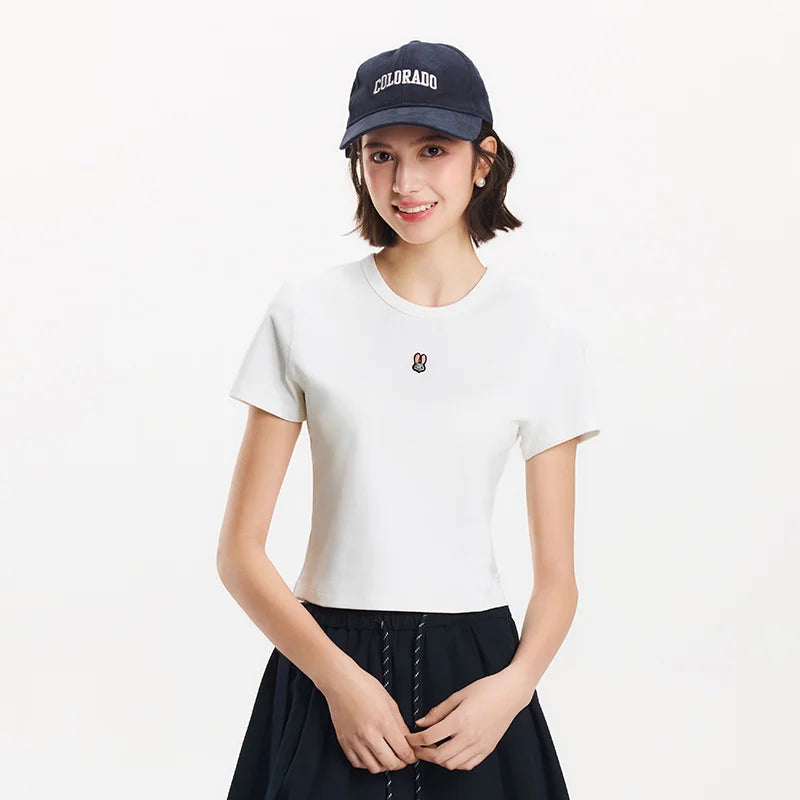 Semir Short Sleeve T-Shirt Women Cropped Slim Fit Slimming 2025 New Summer Embroidered Pullover Cute for Everyday and Stylish