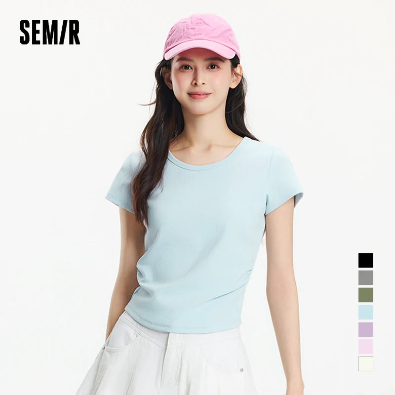 Semir Short Sleeve T-Shirt Women Cropped Slim Fit Shoulder Fit Design 2025 New Summer Embroidered Top Versatile for Chic Outfits