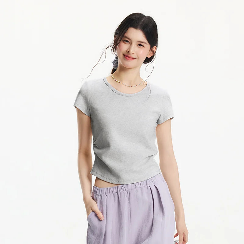 Semir Short Sleeve T-Shirt Women Cropped Slim Fit Shoulder Fit Design 2025 New Summer Embroidered Top Versatile for Chic Outfits