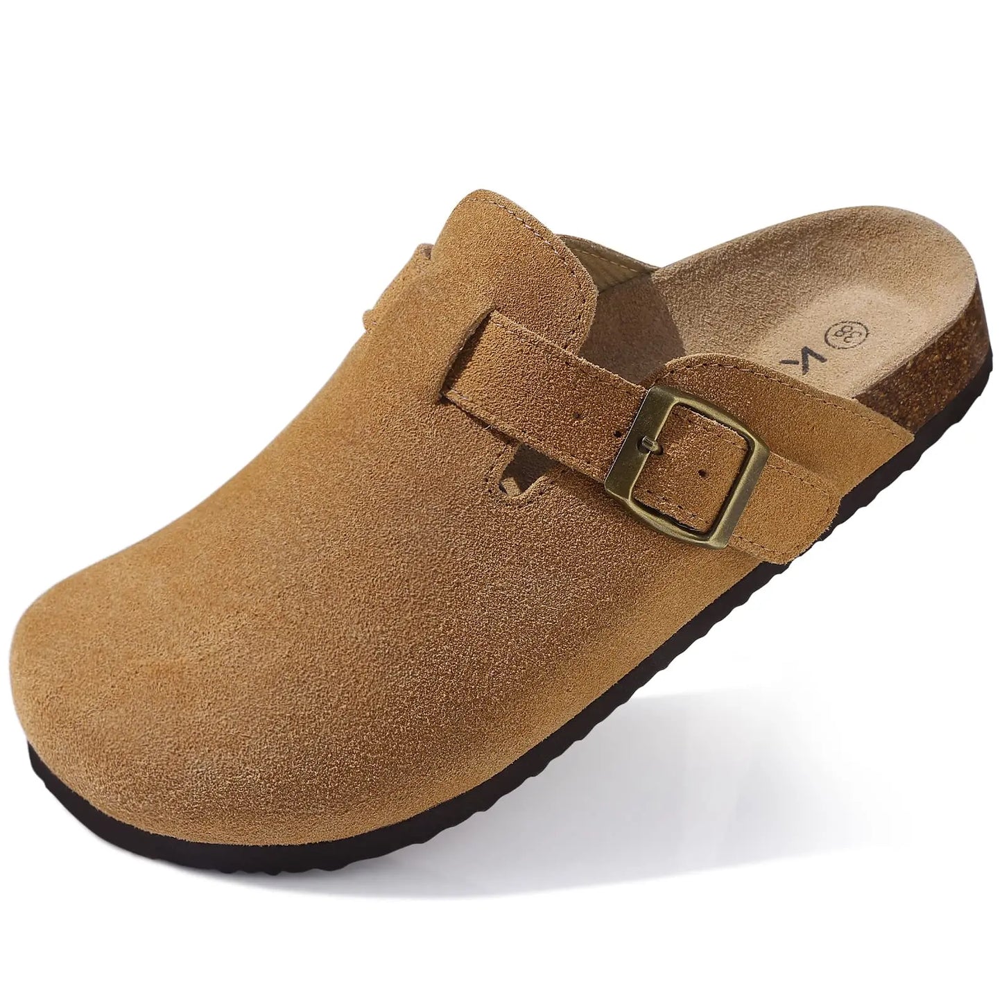 Comwarm Cork Footbed Clogs, Leather Mules with Arch Support, Comfortable Indoor/Outdoor Flat Slides for Women & Men.