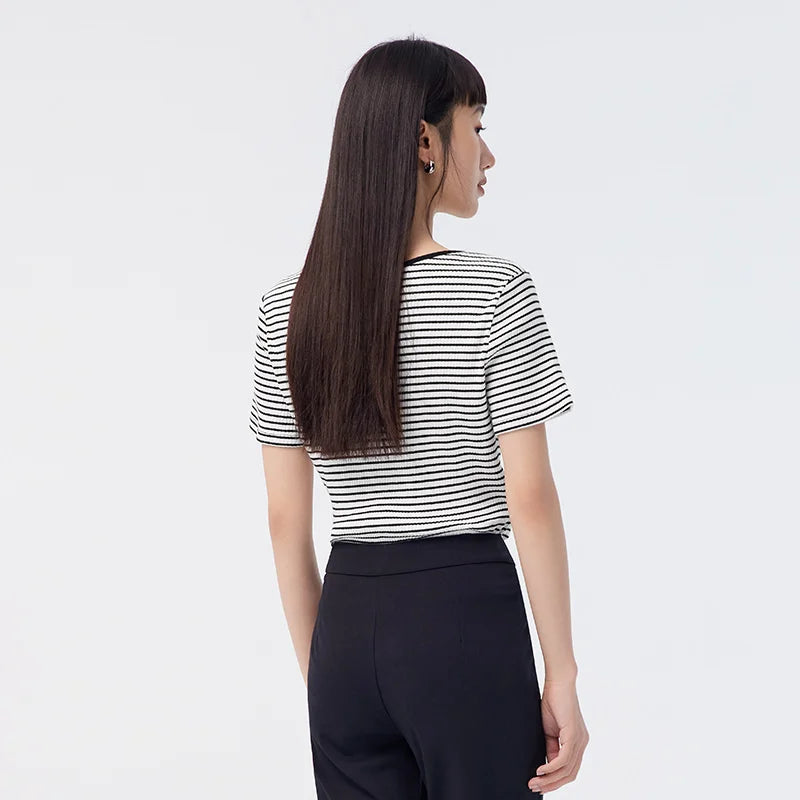 Semir Short-Sleeved T-Shirt Women 2024 Short Square Collar Summer New Tee shirts Tight Striped Shirt Temperament T-Shirt Women