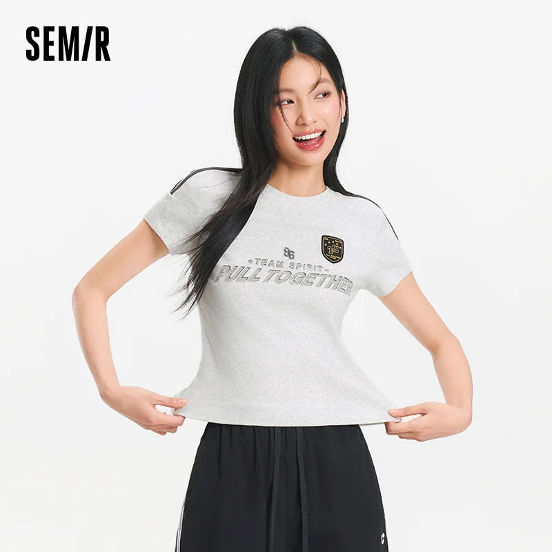 Semir Short Sleeve T-Shirt Women Short Style Slim Fit with Letters 2025 New Summer Style Regular Shoulder Top in a Sporty Style