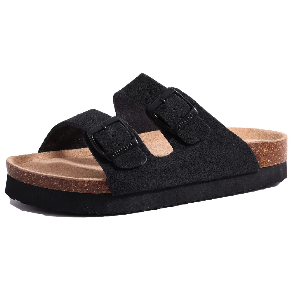 Comwarm Cork Footbed Clogs, Leather Mules with Arch Support, Comfortable Indoor/Outdoor Flat Slides for Women & Men.