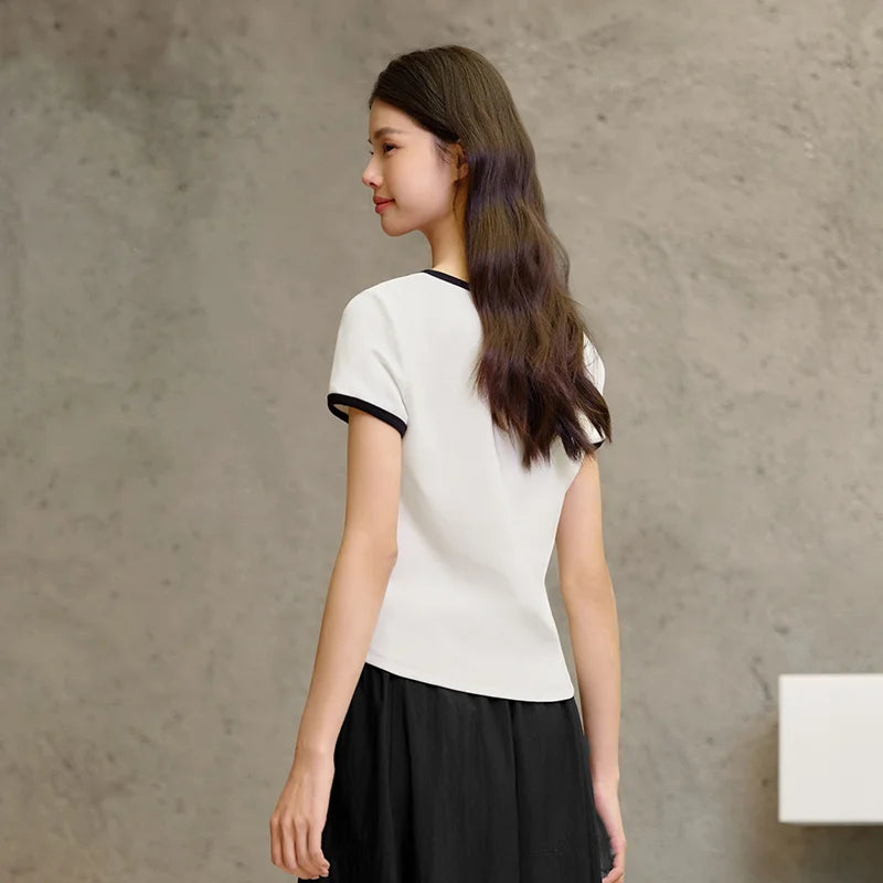 Semir Short Sleeve T-Shirt Women Short Style Small Shoulder Slightly Sexy 2024 Summer New Slim Fit Tight-Fitting Color-Block Top