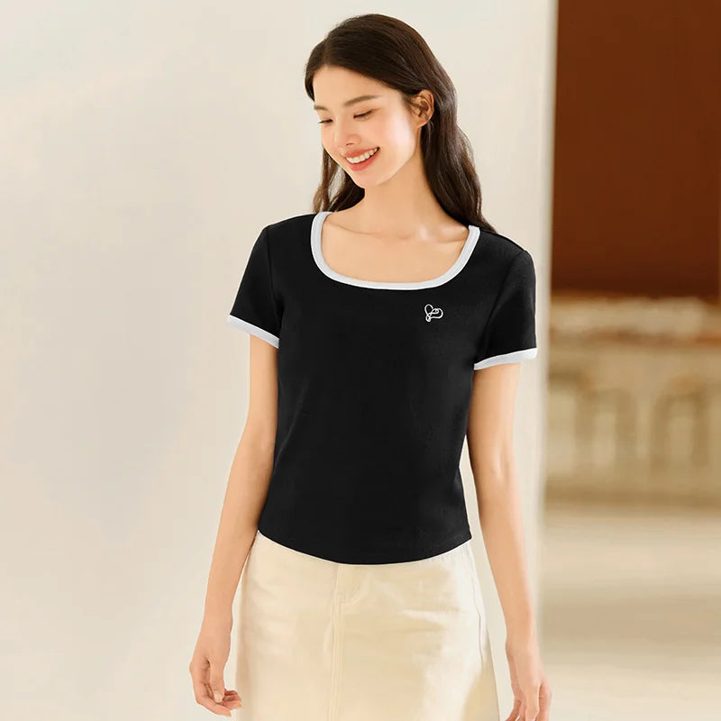 Semir Short Sleeve T-Shirt Women Short Style Small Shoulder Slightly Sexy 2024 Summer New Slim Fit Tight-Fitting Color-Block Top