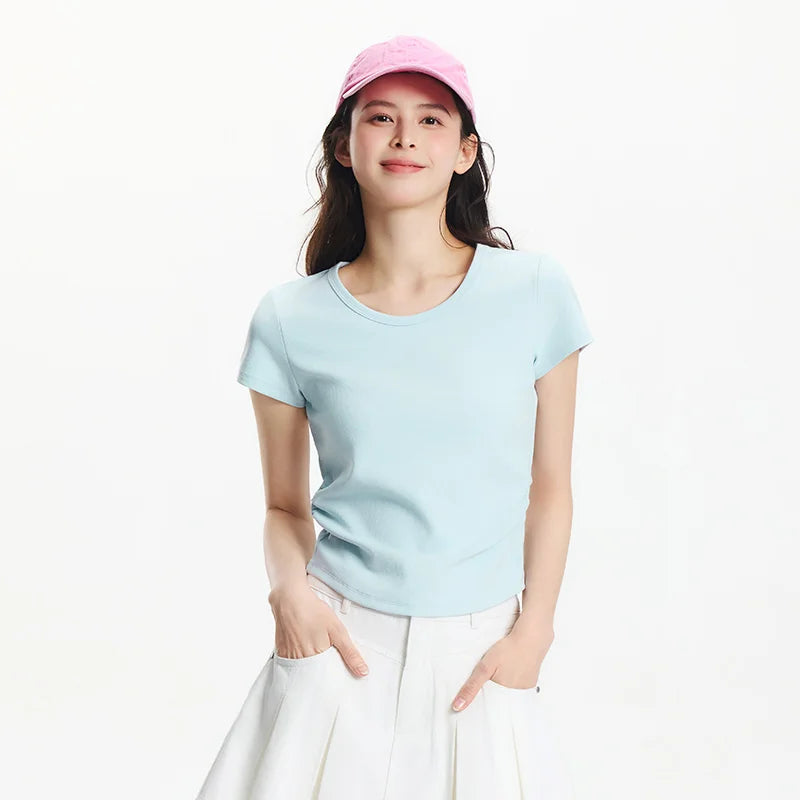 Semir Short Sleeve T-Shirt Women Cropped Slim Fit Shoulder Fit Design 2025 New Summer Embroidered Top Versatile for Chic Outfits