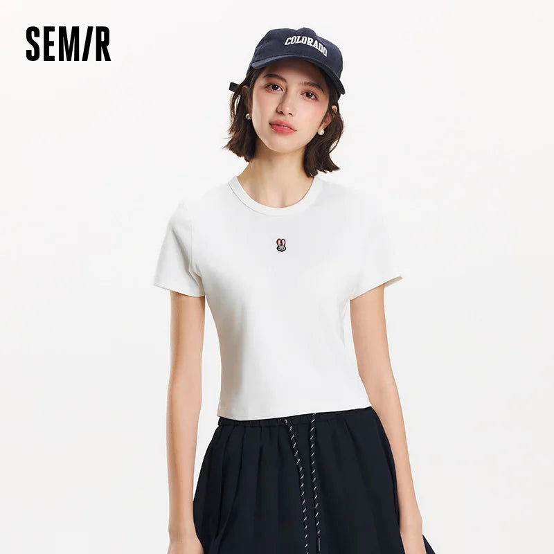 Semir Short Sleeve T-Shirt Women Cropped Slim Fit Slimming 2025 New Summer Embroidered Pullover Cute for Everyday and Stylish