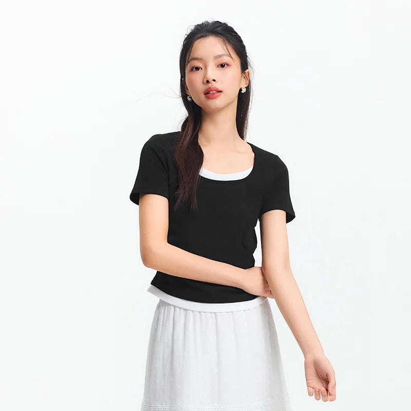 Semir Short Sleeve T-Shirt Women Cropped Fake Two-Piece Versatile 2025 New Summer Slim Fit U Neck Top Slimming for Chic Style