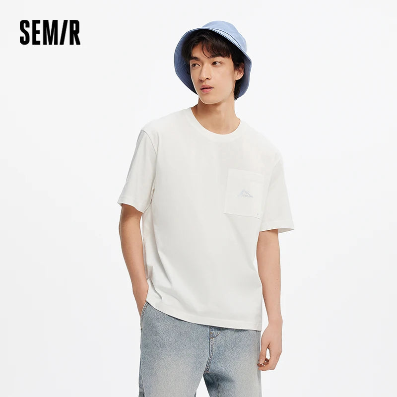 Semir Short Sleeve T-Shirt Men Cotton White T-Shirt Base Layer 2025 New Summer Pocket Embroidered Knit Top for Relaxed Outfits