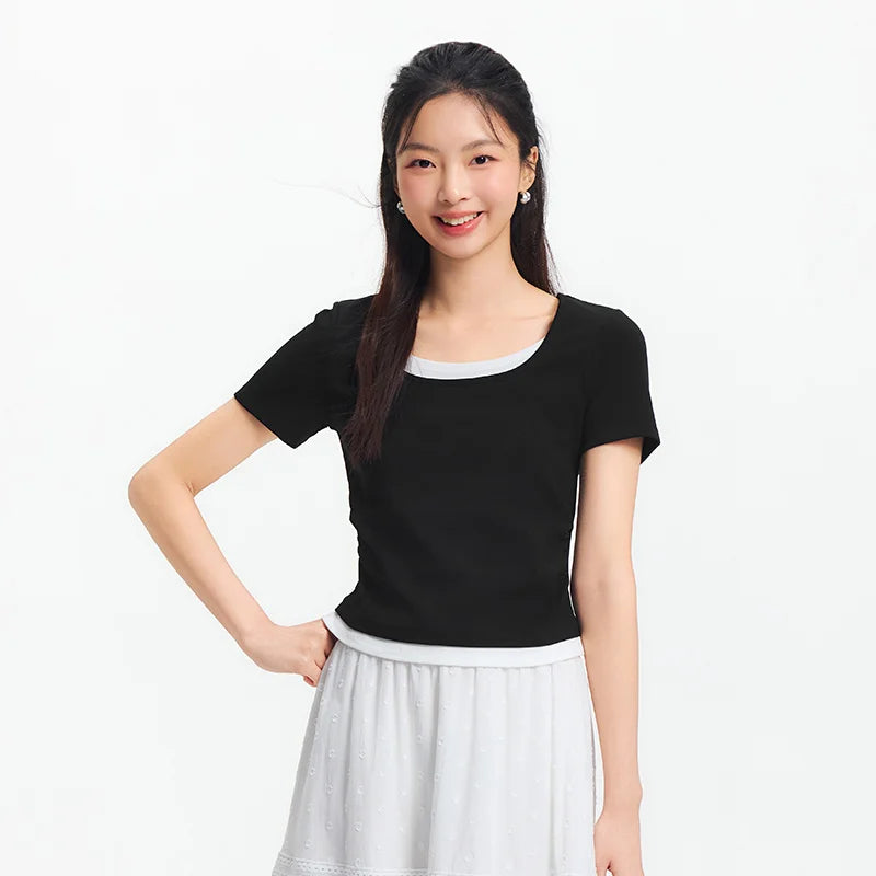 Semir Short Sleeve T-Shirt Women Cropped Fake Two-Piece Versatile 2025 New Summer Slim Fit U Neck Top Slimming for Chic Style
