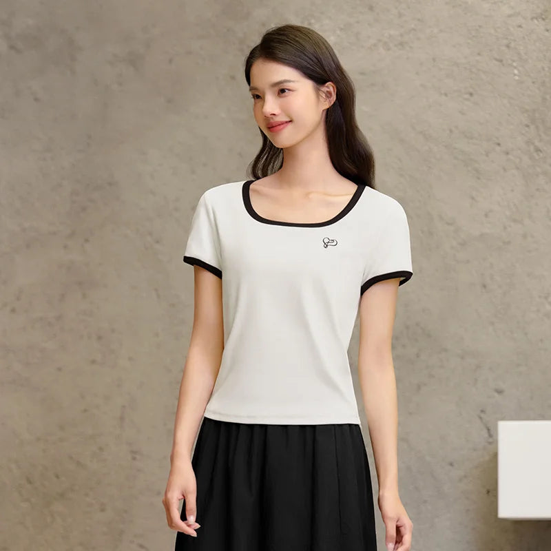 Semir Short Sleeve T-Shirt Women Short Style Small Shoulder Slightly Sexy 2024 Summer New Slim Fit Tight-Fitting Color-Block Top