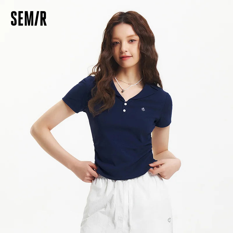 Semir Polo Shirt Women Cropped Blazer Collar 2025 New Summer Embroidered Cool Feeling Slim Fit Top Slimming for Chic Outfits
