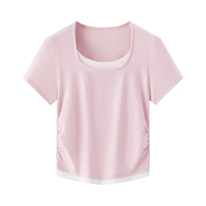 Semir Short Sleeve T-Shirt Women Cropped Fake Two-Piece Versatile 2025 New Summer Slim Fit U Neck Top Slimming for Chic Style
