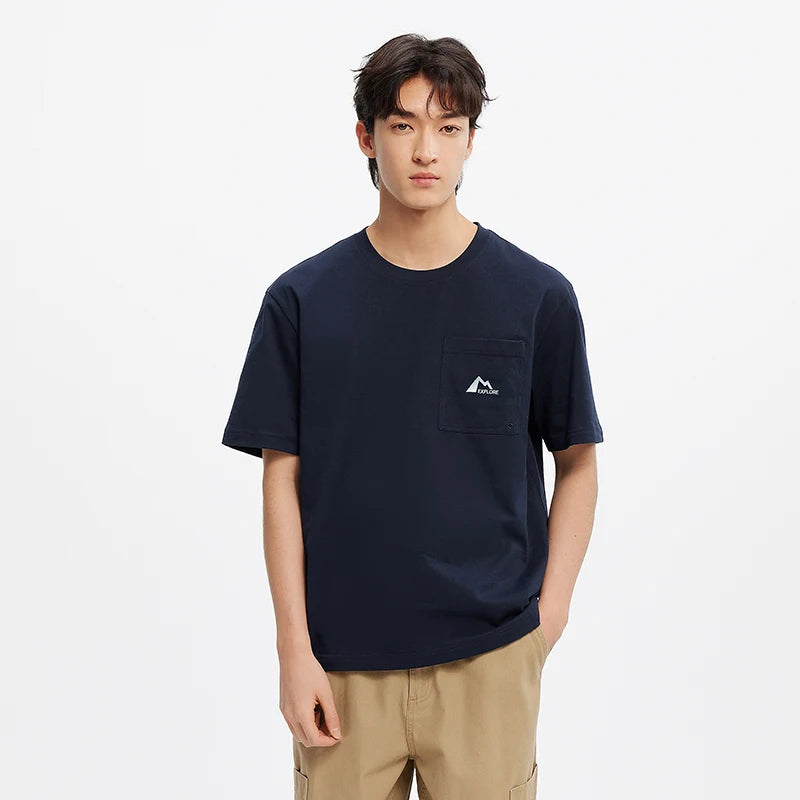 Semir Short Sleeve T-Shirt Men Cotton White T-Shirt Base Layer 2025 New Summer Pocket Embroidered Knit Top for Relaxed Outfits