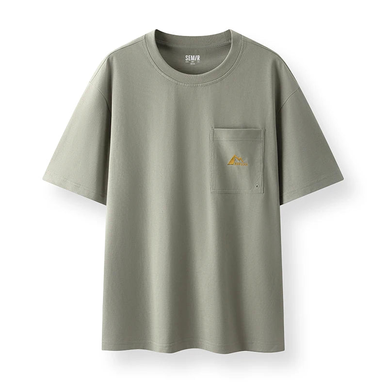 Semir Short Sleeve T-Shirt Men Cotton White T-Shirt Base Layer 2025 New Summer Pocket Embroidered Knit Top for Relaxed Outfits
