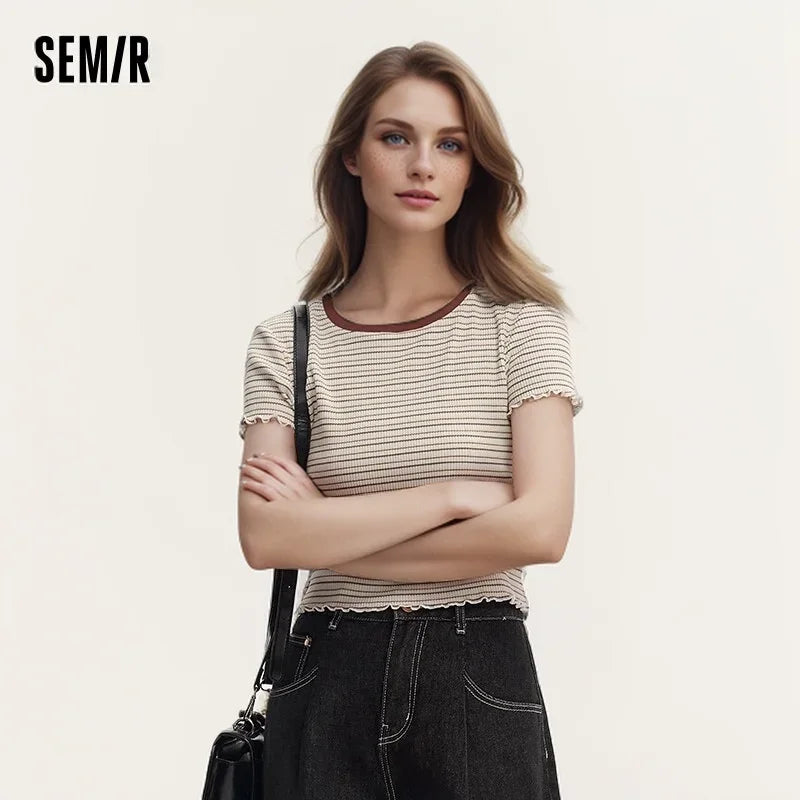 Semir Short-Sleeved T-Shirt For Women Short And Slimming With Ruffled Edges New In 2024 Summer Striped Top