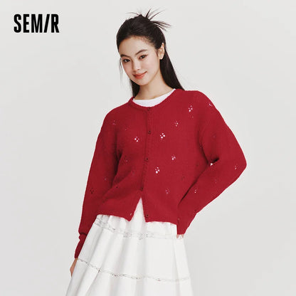 Semir Women Red Cardigan Hollow Crew Neck