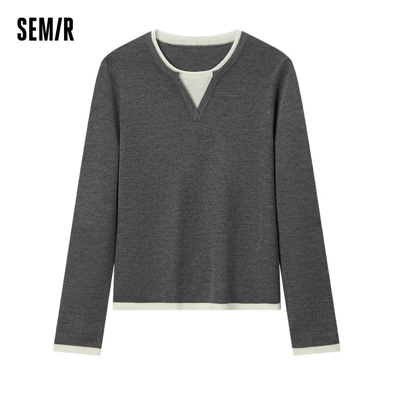 Semir Women Knitted Sweater Round Neck Colorblock