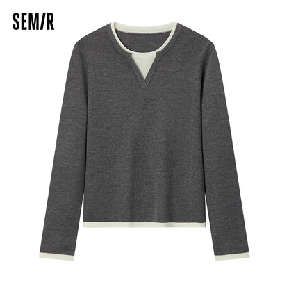 Semir Women Knitted Sweater Round Neck Colorblock
