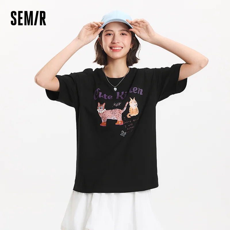 Semir Short Sleeve T-Shirt Women Mid-Length Pattern Cute Retro 2025 New Summer Moisture Wicking Loose Top Niche Style