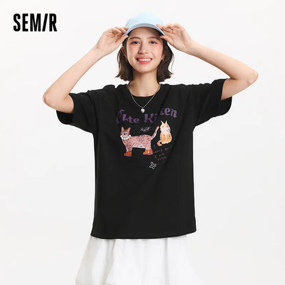 Semir Short Sleeve T-Shirt Women Mid-Length Pattern Cute Retro 2025 New Summer Moisture Wicking Loose Top Niche Style