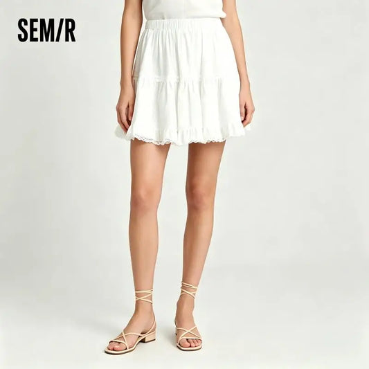 Semir Women Skirt Jacquard Lace Trim Fluffy A-Line Mini