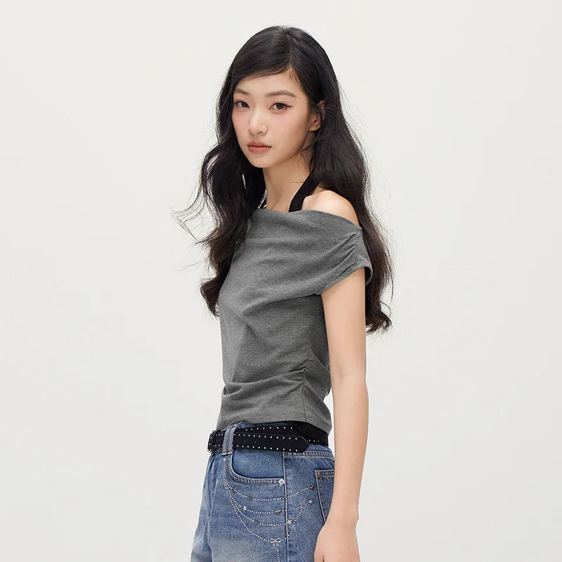 Semir Women Tshirt Halter Neck Fake Two-Piece