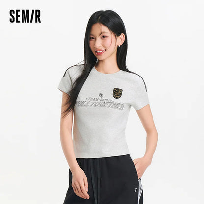 Semir Short Sleeve T-Shirt Women Short Style Slim Fit with Letters 2025 New Summer Style Regular Shoulder Top in a Sporty Style