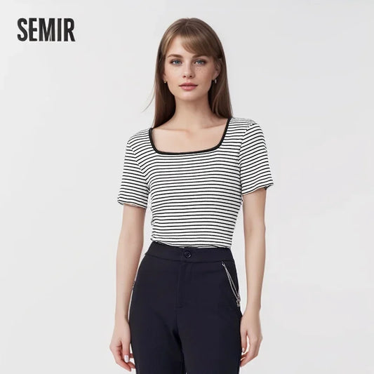 Semir Short-Sleeved T-Shirt Women 2024 Short Square Collar Summer New Tee shirts Tight Striped Shirt Temperament T-Shirt Women