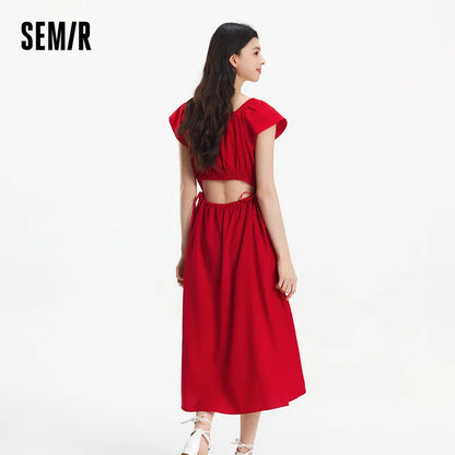 Semir Dress Women Hollow Out Waist-Cinching 2025 New Summer Flutter Sleeve Off-Shoulder Mid-Length Dress Subtle Sexy