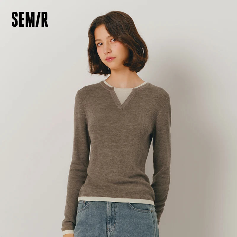 Semir Women Knitted Sweater Round Neck Colorblock
