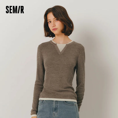 Semir Women Knitted Sweater Round Neck Colorblock