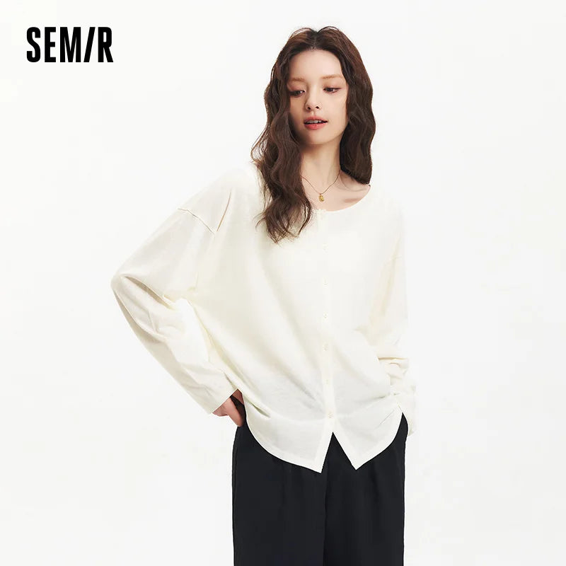 Semir Long Sleeve T-Shirt Women U Neck Solid Color Cardigan Minimalist Elegant 2025 New Summer Loose Top Gentle for Daily Wear
