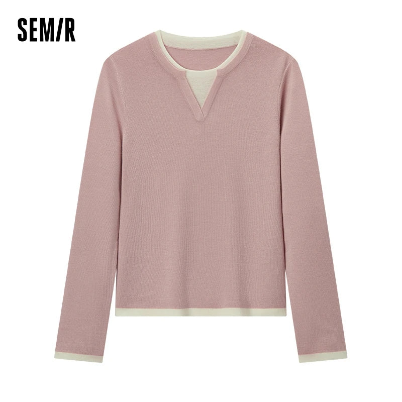 Semir Women Knitted Sweater Round Neck Colorblock