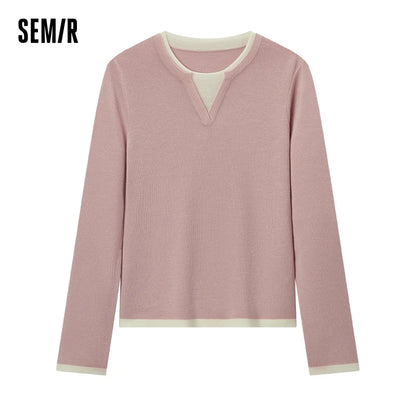 Semir Women Knitted Sweater Round Neck Colorblock