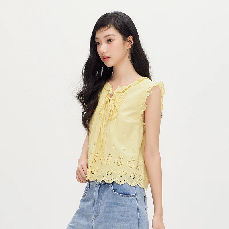 Semir Women Shirt Embroidered Bow Ruffle Lace